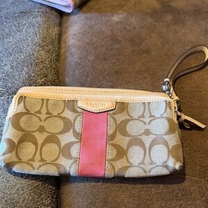 Coach Wristlet with Pink Stripe and Signature Pattern